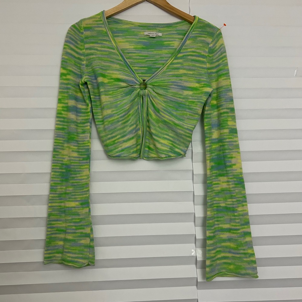 American Eagle Green Boho Space Dye O-Ring Knit Crop Festival Top Long Sleeve S